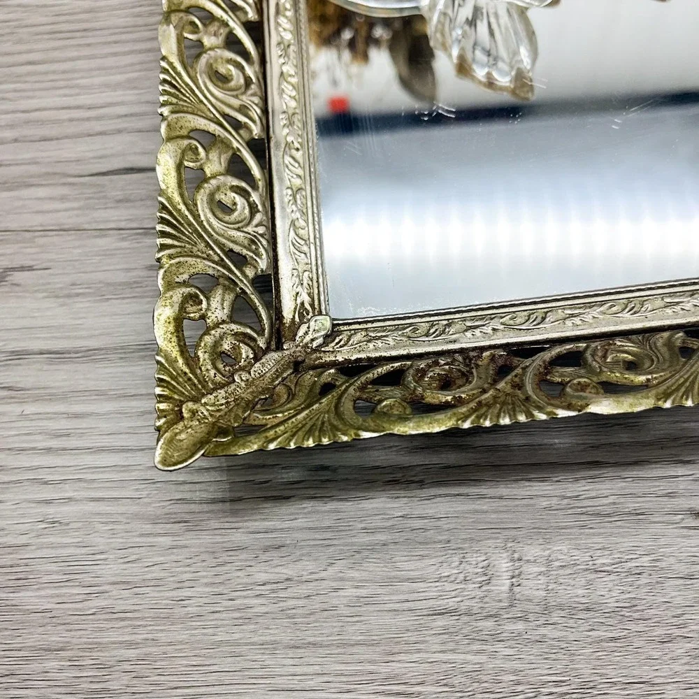 Vintage Ornate Filigree Mirror Tray: Hollywood Regency Vanity Decor (10x15)